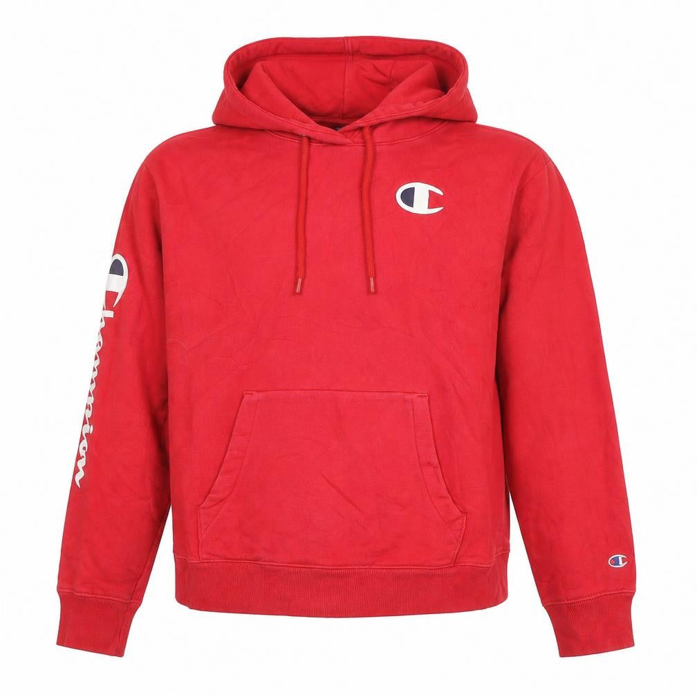 Front view of Champion women’s red xs hoodie pullover cotton logo athletic