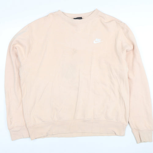Nike Women Beige Pullover Sweatshirt M Cotton Blend Logo Crew Neck