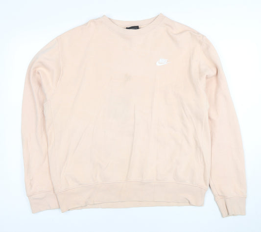 Nike Women Beige Pullover Sweatshirt M Cotton Blend Logo Crew Neck