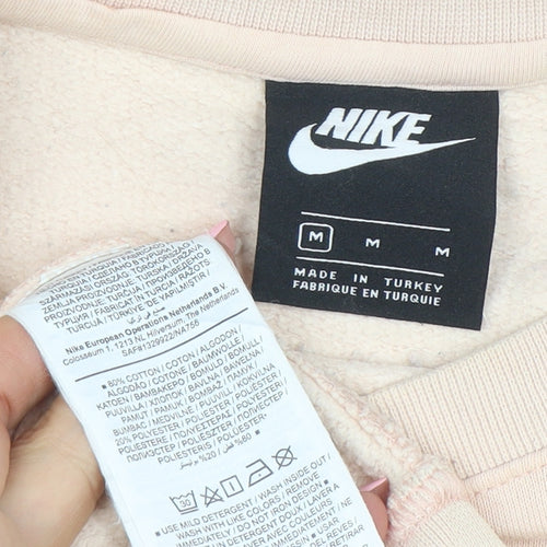 Nike Women Beige Pullover Sweatshirt M Cotton Blend Logo Crew Neck