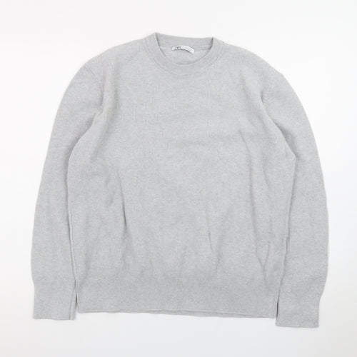ZARA Men's Grey Wool Blend Crew Neck Jumper Size L