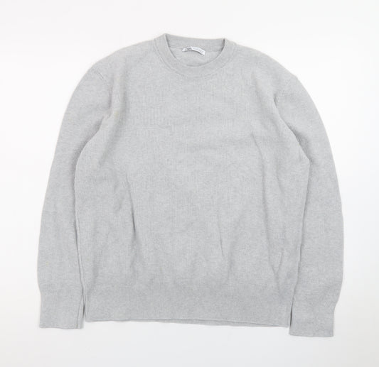 ZARA Men's Grey Wool Blend Crew Neck Jumper Size L