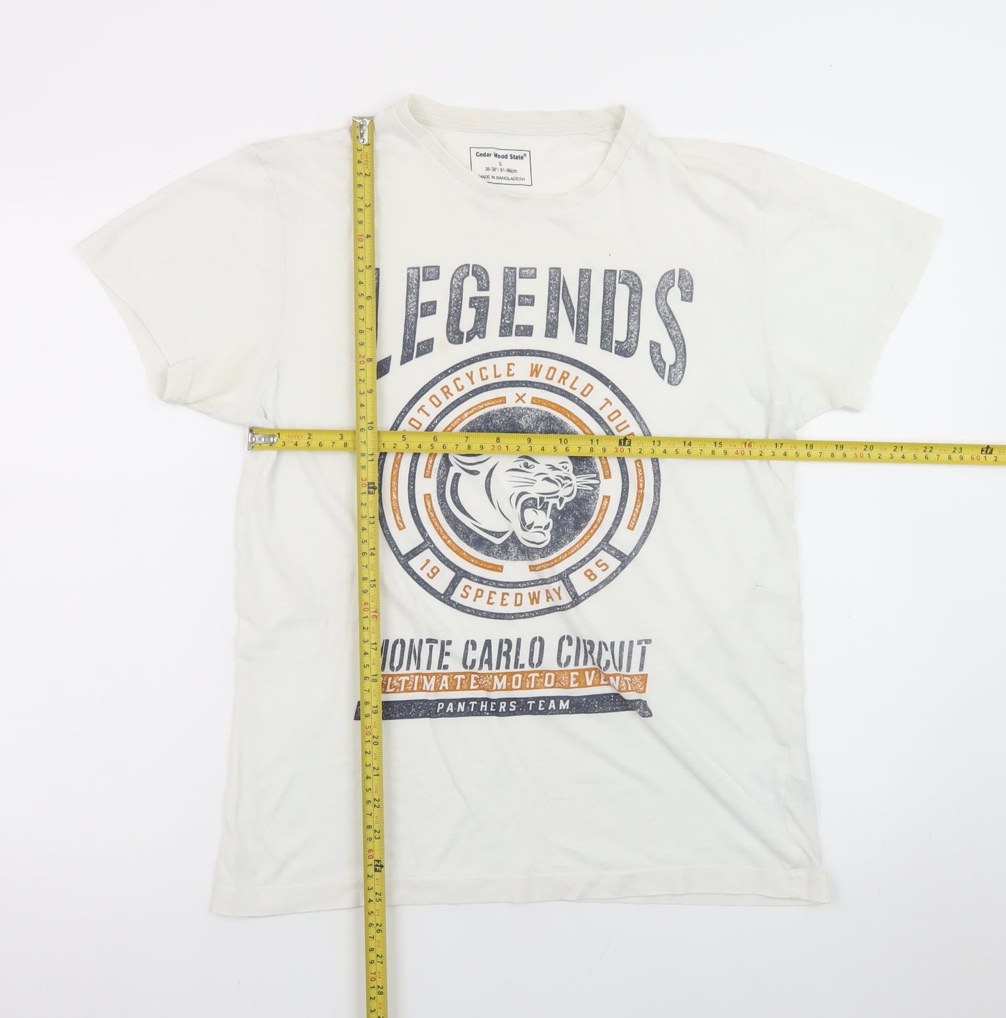 Cedar Wood State Men's White Graphic Print Motorcycle T-Shirt Size S