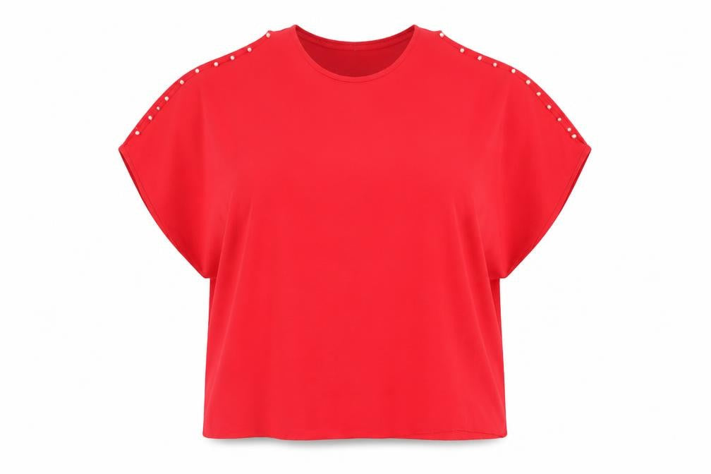 Front view of LA LUNA women’s red beaded dolman sleeve blouse one size
