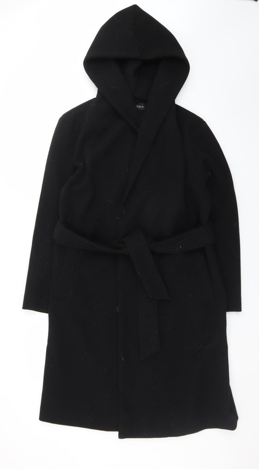 Zara Women Black Wool Belted Hooded Long Coat XS