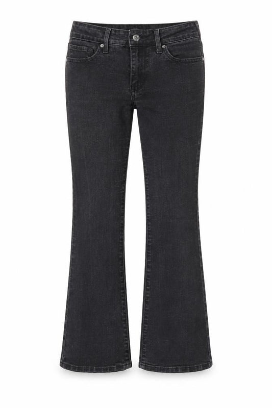 Front view of Levi's women’s black 715 bootcut jeans, size UK 26 slim, fit denim