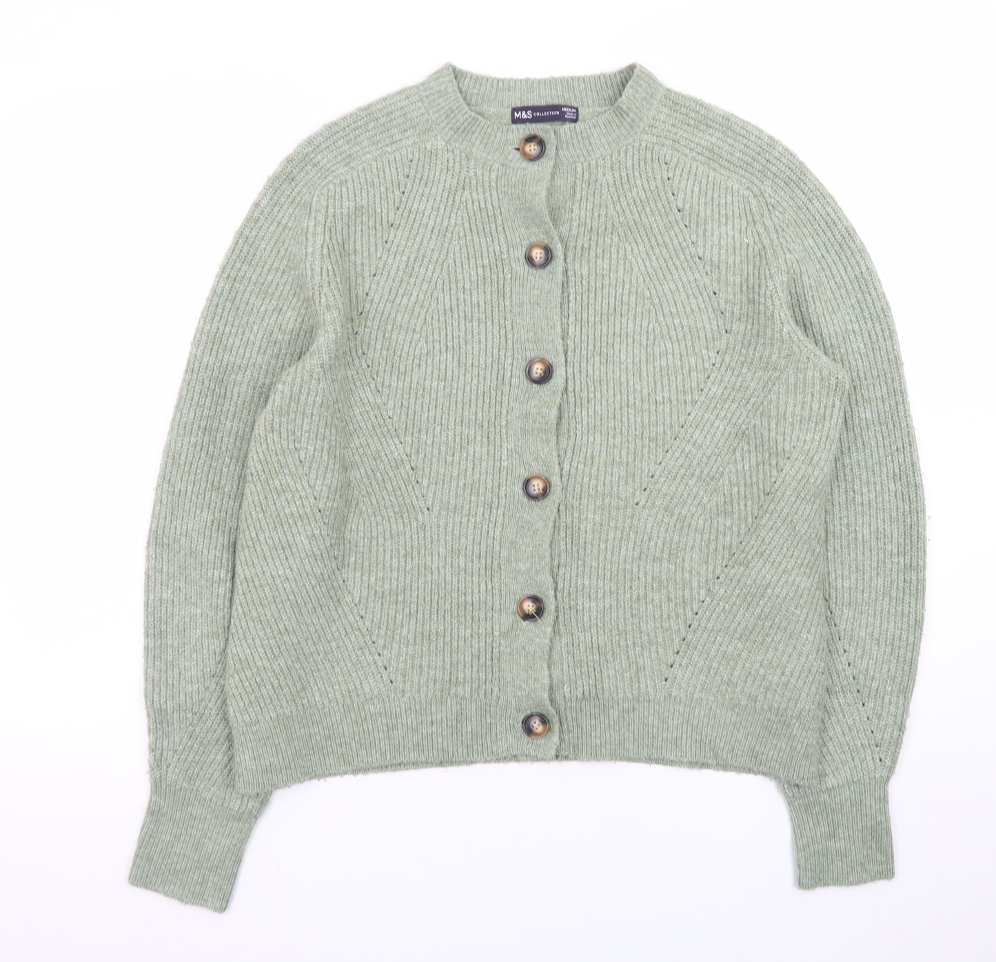 Marks and Spencer Women Green Medium Rib-Knit Cardigan