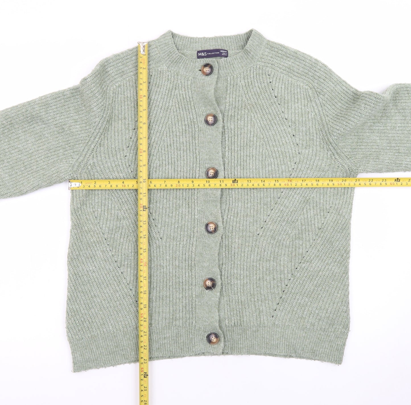 Marks and Spencer Women Green Medium Rib-Knit Cardigan