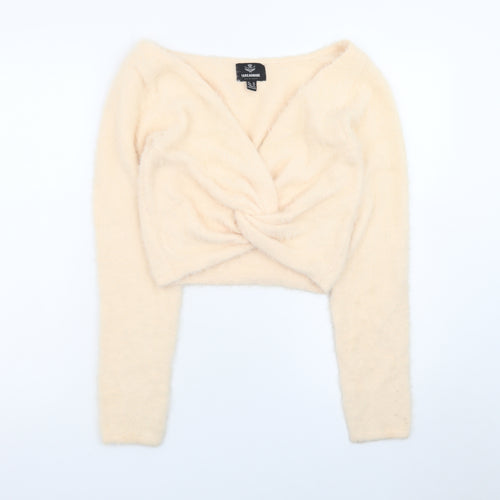 Threadbare Women Beige V-Neck Long Sleeve Twist Front Jumper Size 12
