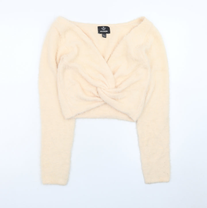 Threadbare Women Beige V-Neck Long Sleeve Twist Front Jumper Size 12