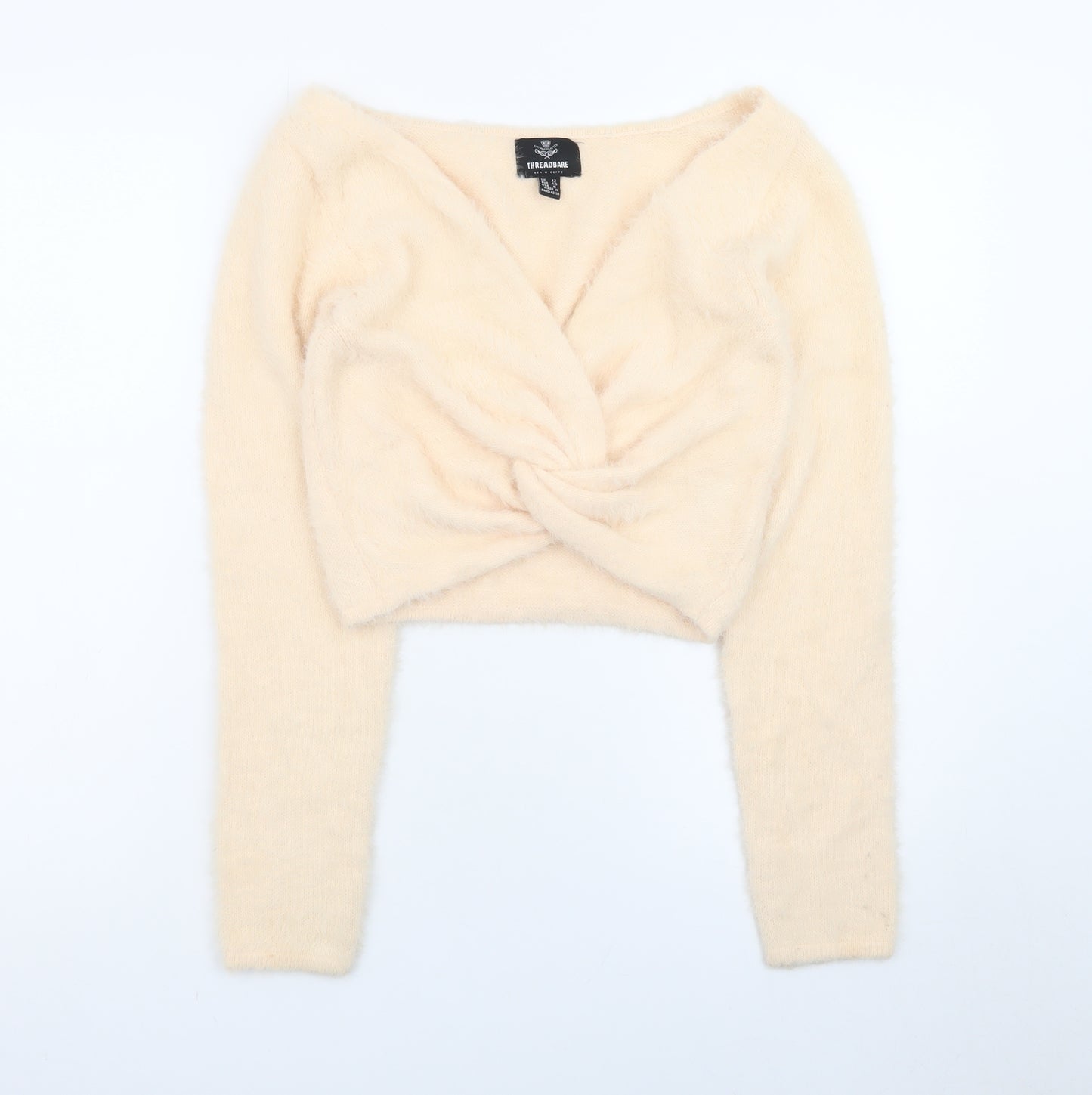Threadbare Women Beige V-Neck Long Sleeve Twist Front Jumper Size 12