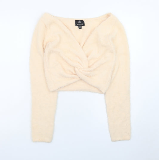 Threadbare Women Beige V-Neck Long Sleeve Twist Front Jumper Size 12