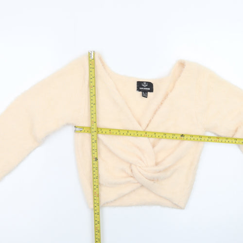 Threadbare Women Beige V-Neck Long Sleeve Twist Front Jumper Size 12