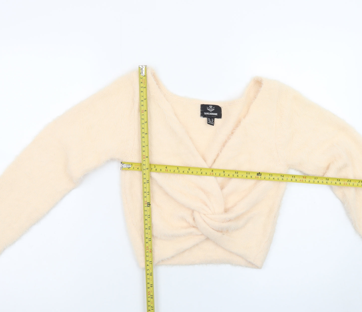 Threadbare Women Beige V-Neck Long Sleeve Twist Front Jumper Size 12