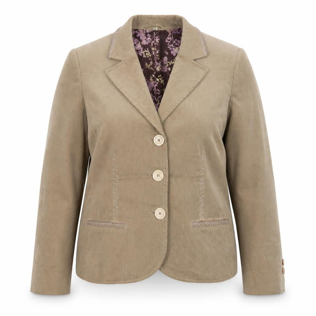 Front view of Klass women’s beige corduroy blazer jacket, size UK 16, lined smart casual