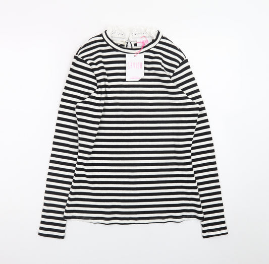 Savida Women’s Black and White Striped Long Sleeve High Neck Top Size 14