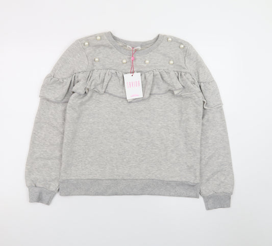 Savida Womens Grey Pearl Ruffle Long Sleeve Pullover Sweatshirt Size L