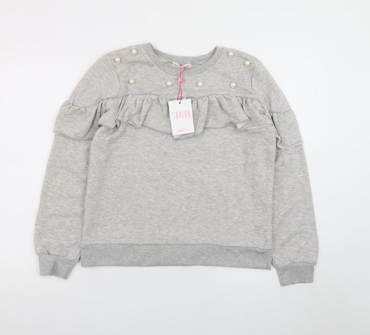 Savida Womens Grey Pearl Ruffle Long Sleeve Pullover Sweatshirt Size L
