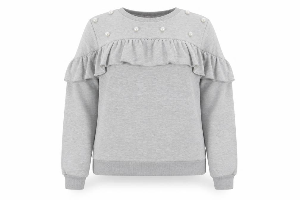 Front view of Savida women’s grey pearl ruffle long sleeve pullover sweatshirt, size L