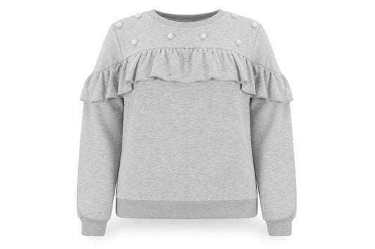 Front view of Savida women’s grey pearl ruffle long sleeve pullover sweatshirt, size L