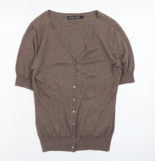 WoolOvers Women Brown S Silk Cotton V-Neck Short Sleeve Cardigan