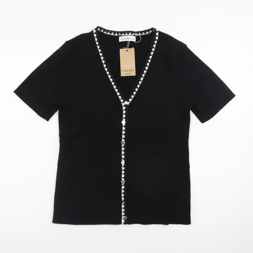 Gallery Womens Black V-Neck Short Sleeve Button Cardigan Size 16