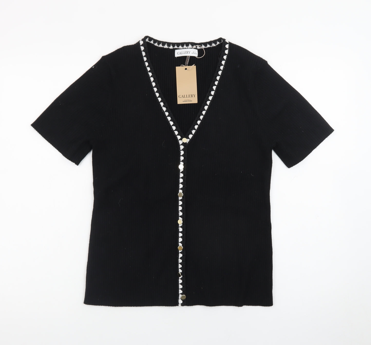 Gallery Womens Black V-Neck Short Sleeve Button Cardigan Size 16