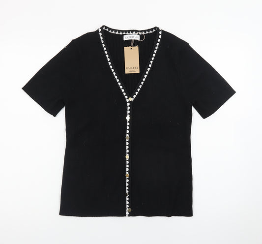 Gallery Womens Black V-Neck Short Sleeve Button Cardigan Size 16