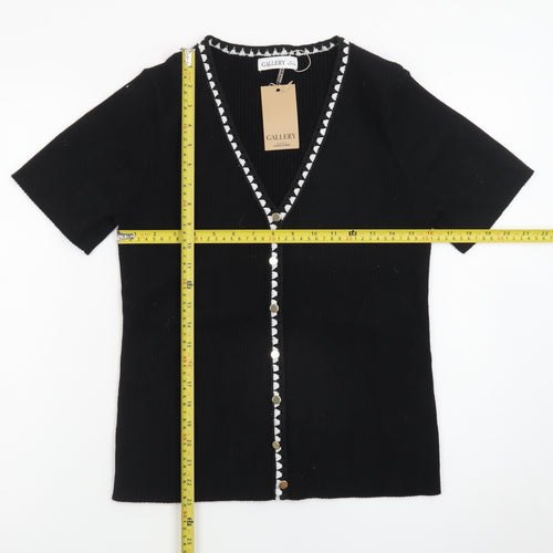Gallery Womens Black V-Neck Short Sleeve Button Cardigan Size 16