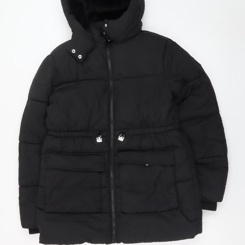 Primark Girls Black Hooded Puffer Jacket 12-13 Years Winter Coat