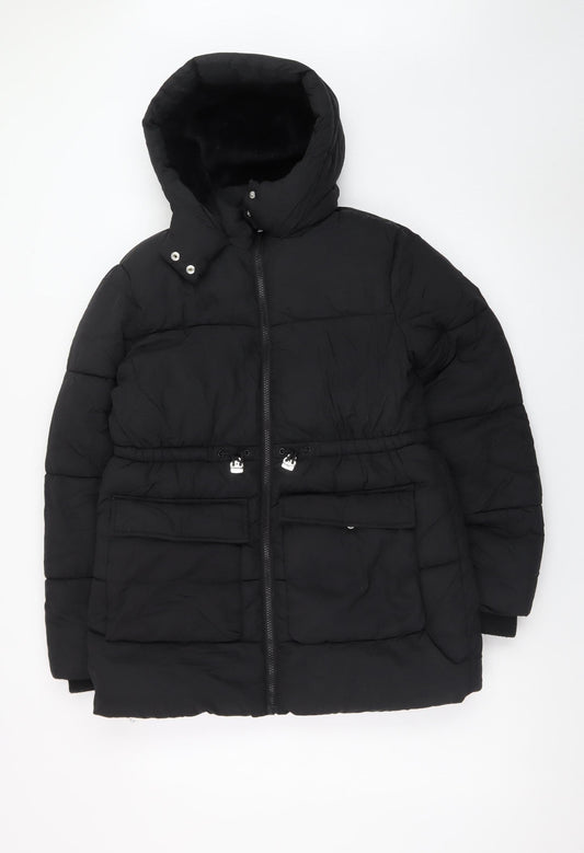 Primark Girls Black Hooded Puffer Jacket 12-13 Years Winter Coat