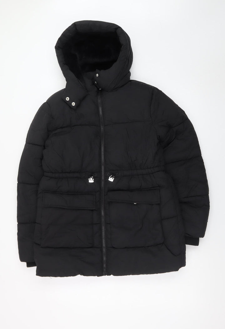Primark Girls Black Hooded Puffer Jacket 12-13 Years Winter Coat
