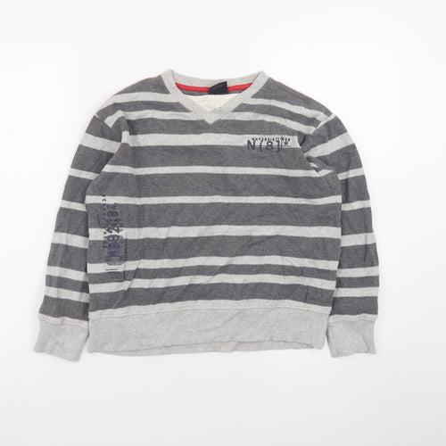 Next Teens Grey Striped Cotton V-Neck Jumper XS