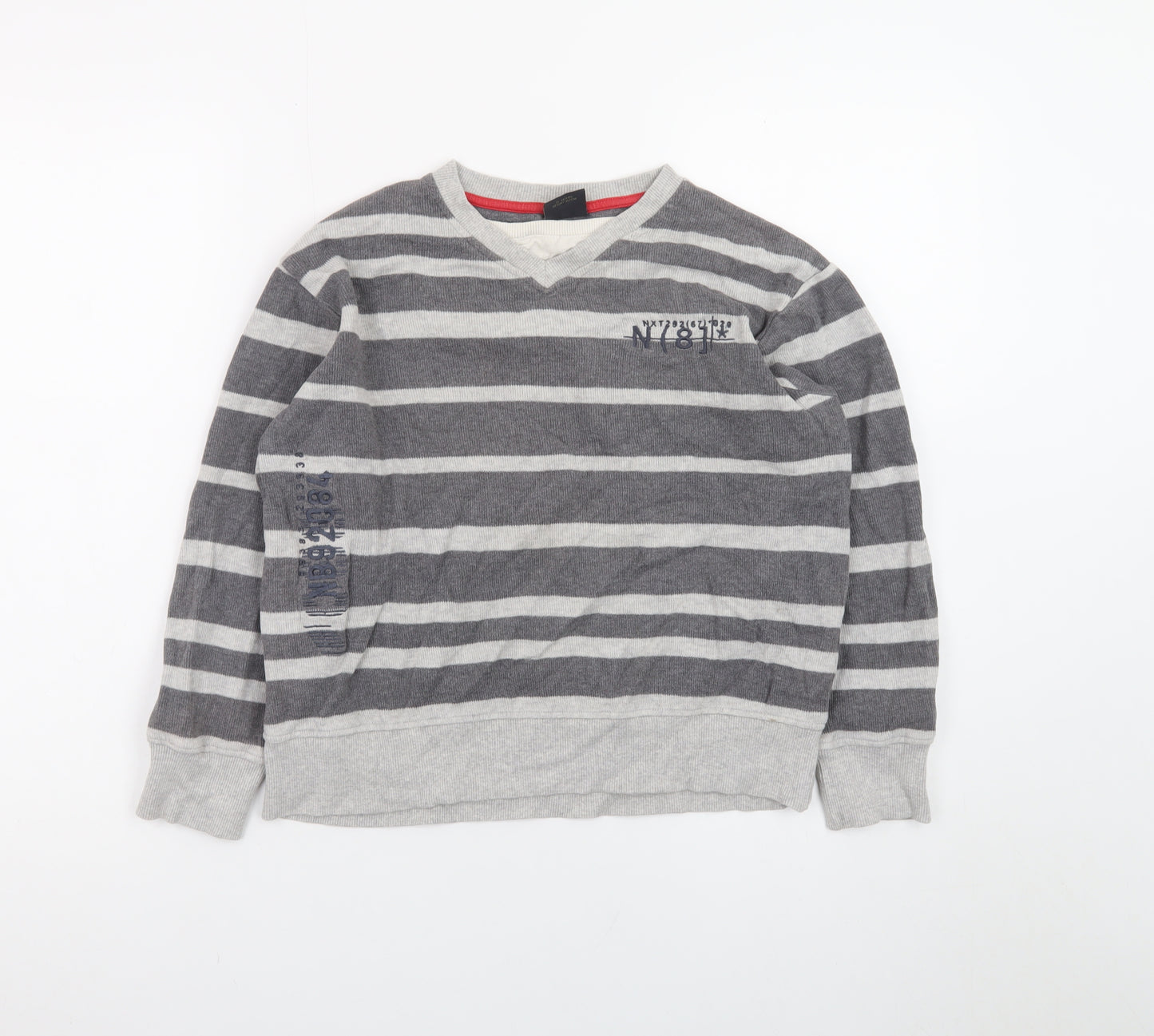 Next Teens Grey Striped Cotton V-Neck Jumper XS