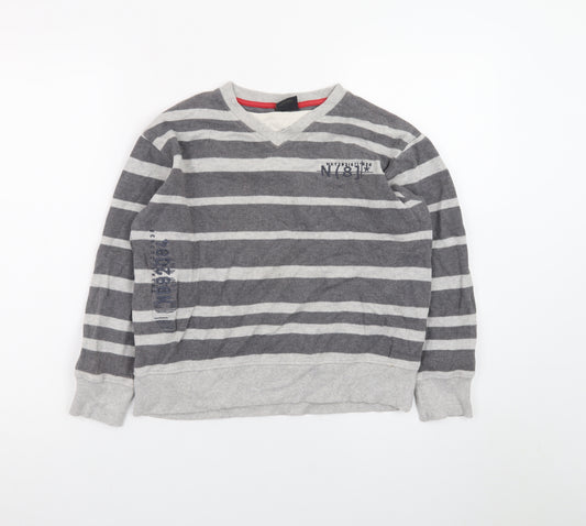 Next Teens Grey Striped Cotton V-Neck Jumper XS