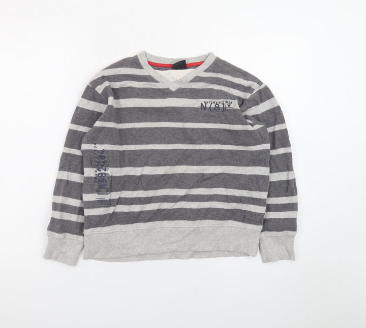 Next Teens Grey Striped Cotton V-Neck Jumper XS