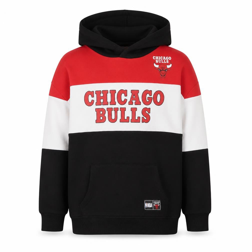 Front view of Primark boys’ black red chicago bulls pullover hoodie 9-10 years