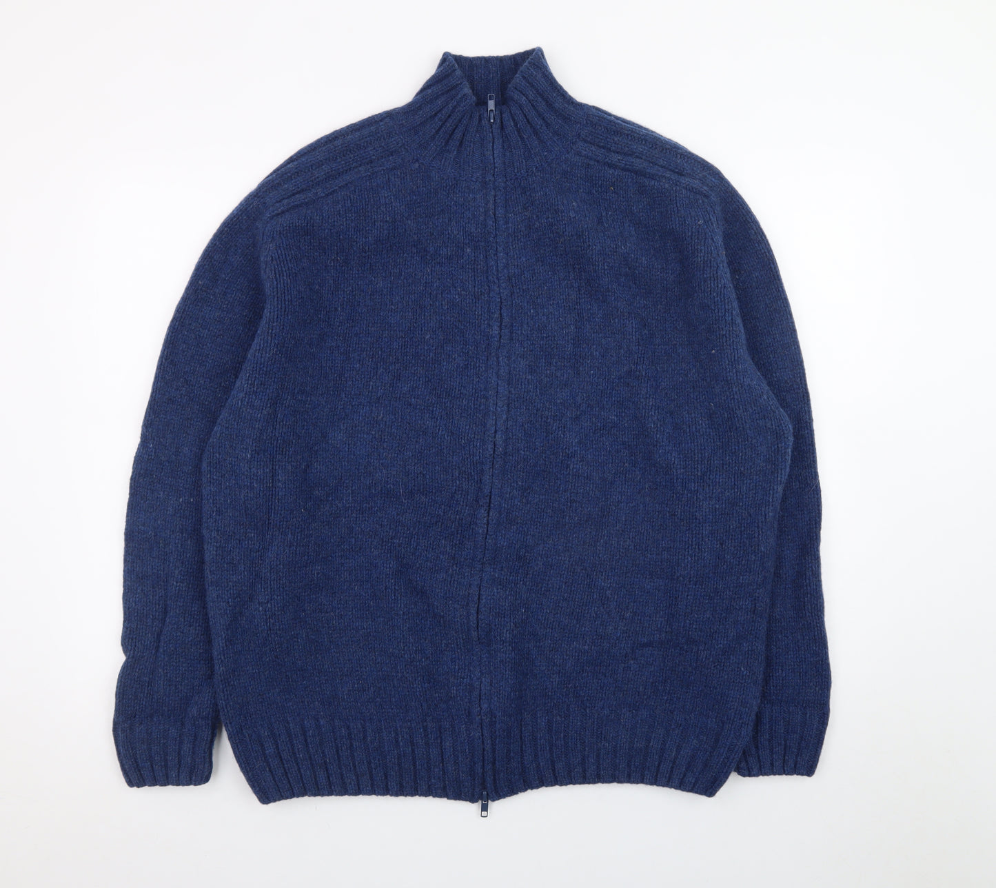 Fisherman Out of Ireland Men's Blue Wool Full Zip Jumper XL