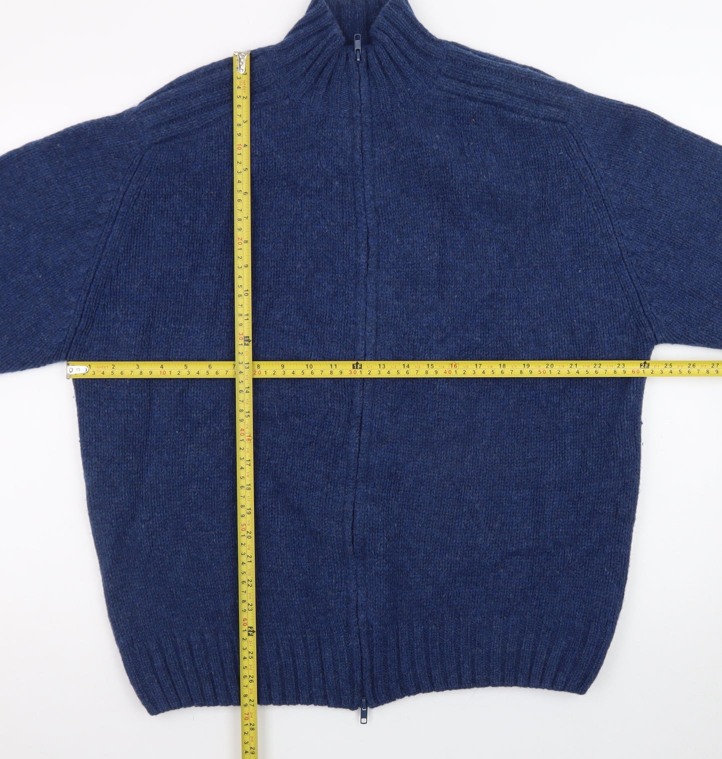 Fisherman Out of Ireland Men's Blue Wool Full Zip Jumper XL