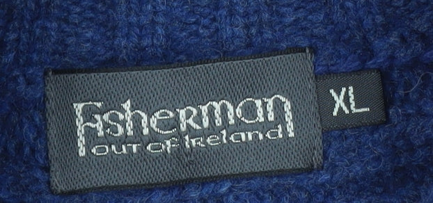 Fisherman Out of Ireland Men's Blue Wool Full Zip Jumper XL