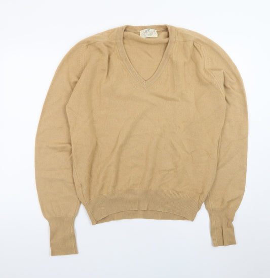 Lord Jeff Men's Beige Cashmere V-Neck Jumper Size L Classic Pullover