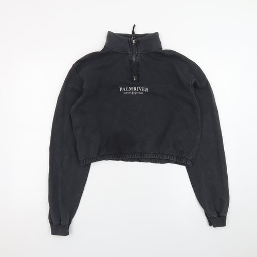 Pull&Bear Women Black 1/4 Zip Cropped Sweatshirt S