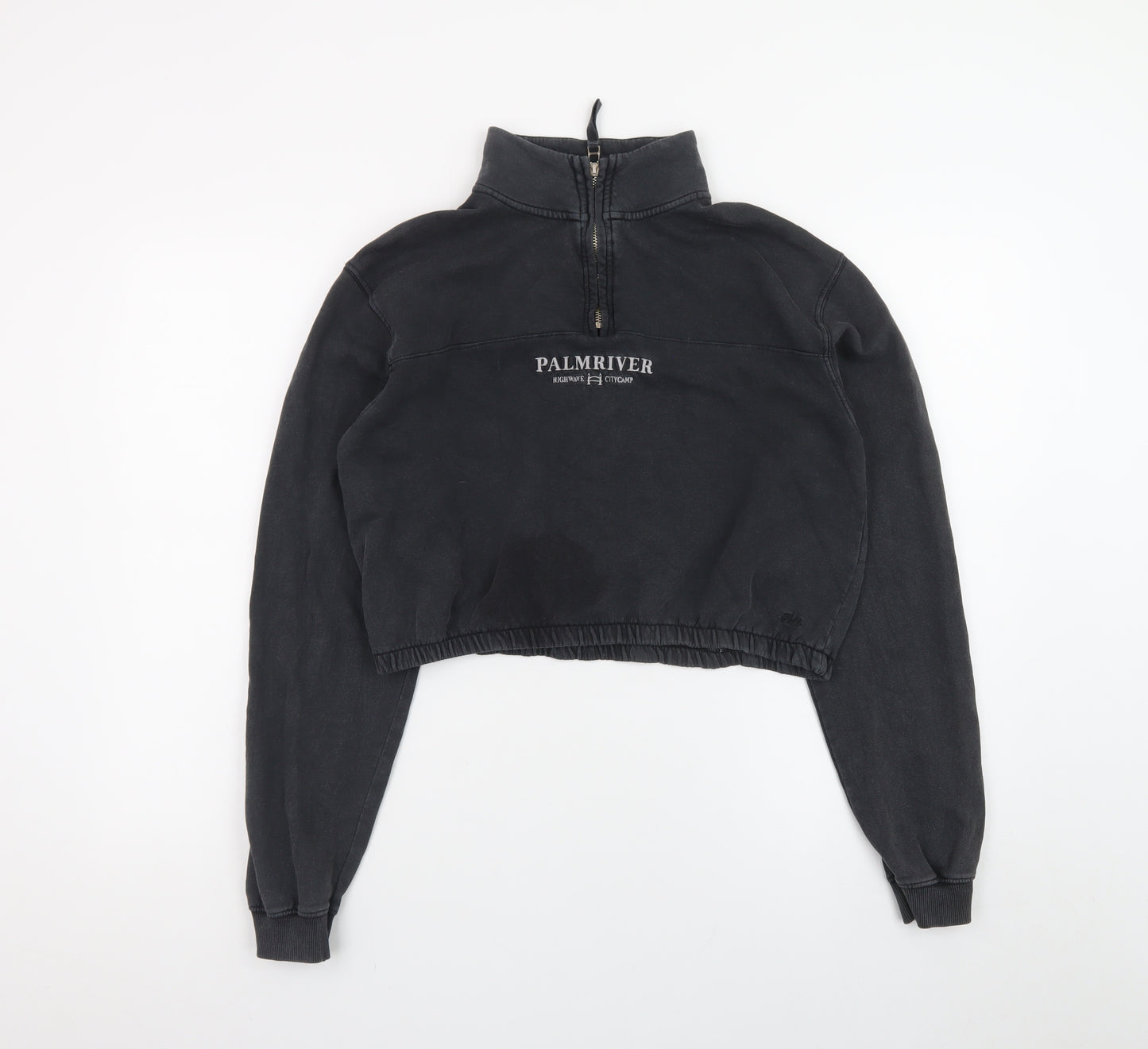Pull&Bear Women Black 1/4 Zip Cropped Sweatshirt S