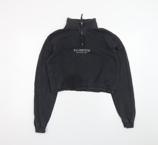 Pull&Bear Women Black 1/4 Zip Cropped Sweatshirt S
