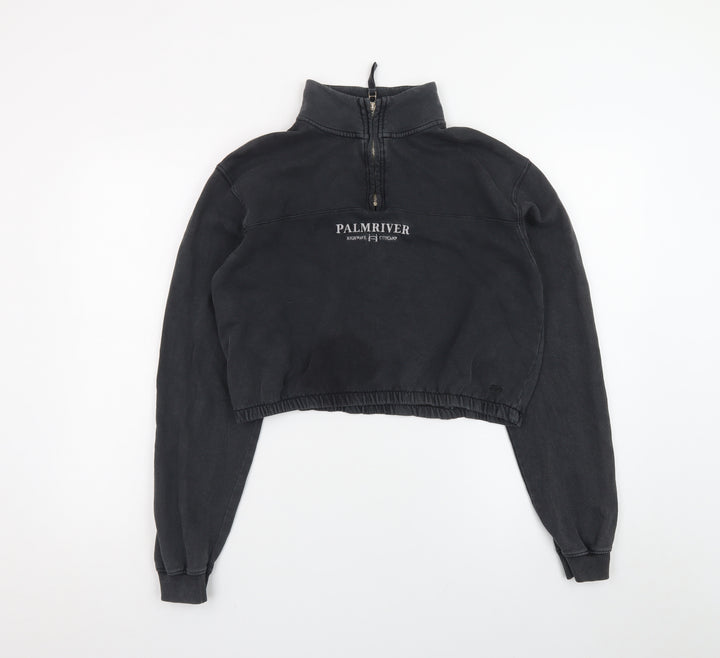 Pull&Bear Women Black 1/4 Zip Cropped Sweatshirt S