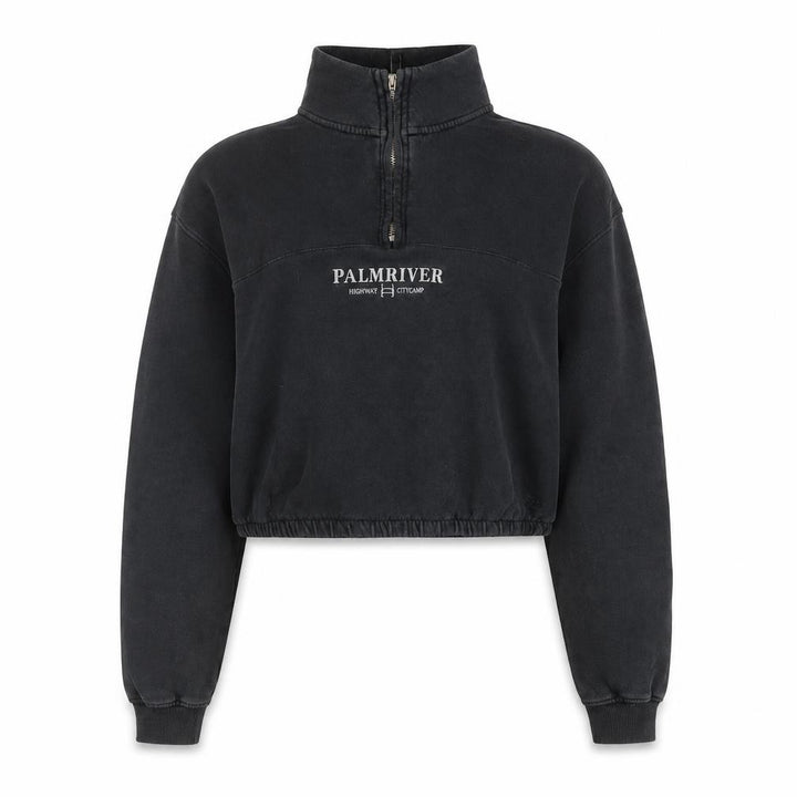 Pull&Bear Women Black 1/4 Zip Cropped Sweatshirt S
