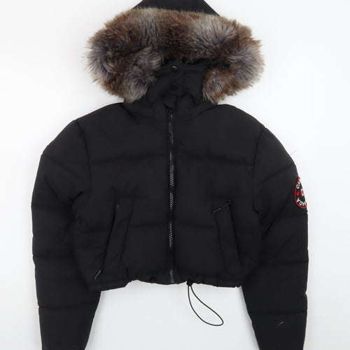 Red Chilli Womens Black S Cropped Puffer Jacket with Faux Fur Hood