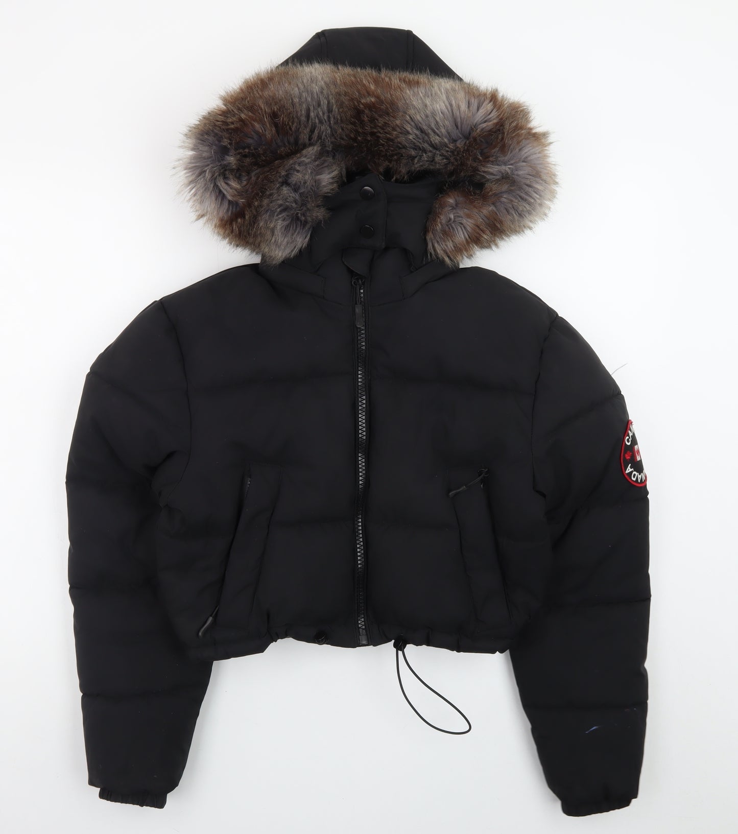 Red Chilli Womens Black S Cropped Puffer Jacket with Faux Fur Hood