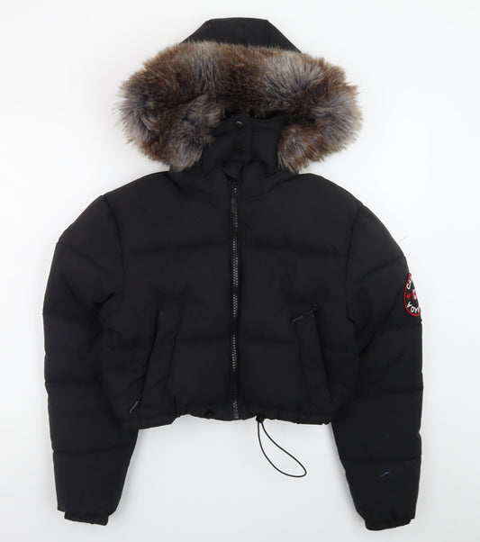 Red Chilli Womens Black S Cropped Puffer Jacket with Faux Fur Hood
