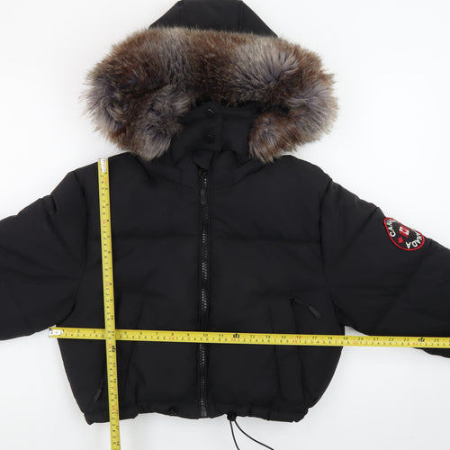 Red Chilli Womens Black S Cropped Puffer Jacket with Faux Fur Hood